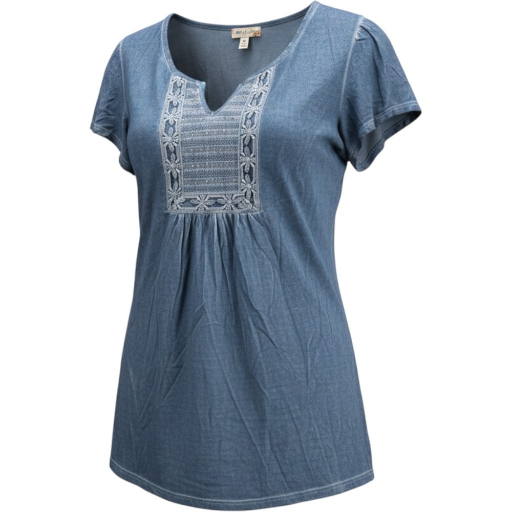 World Unity Blue Embroidered Beaded V-Neck Short Sleeve Top Large